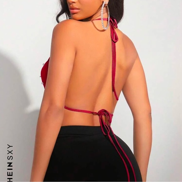 Elegant Red Pearl-Embellished Women's Top - Picture 2 of 2